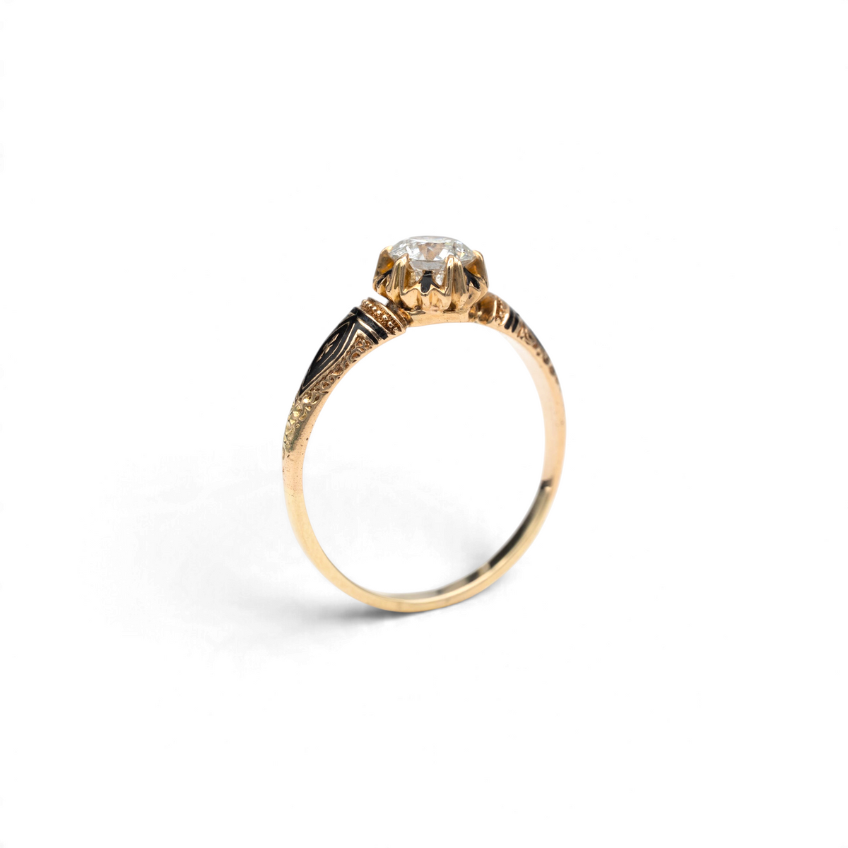 Stórica Studio Hellebore Old European cut diamond ring with black enamel and milgrain detail on a slender 14k gold band