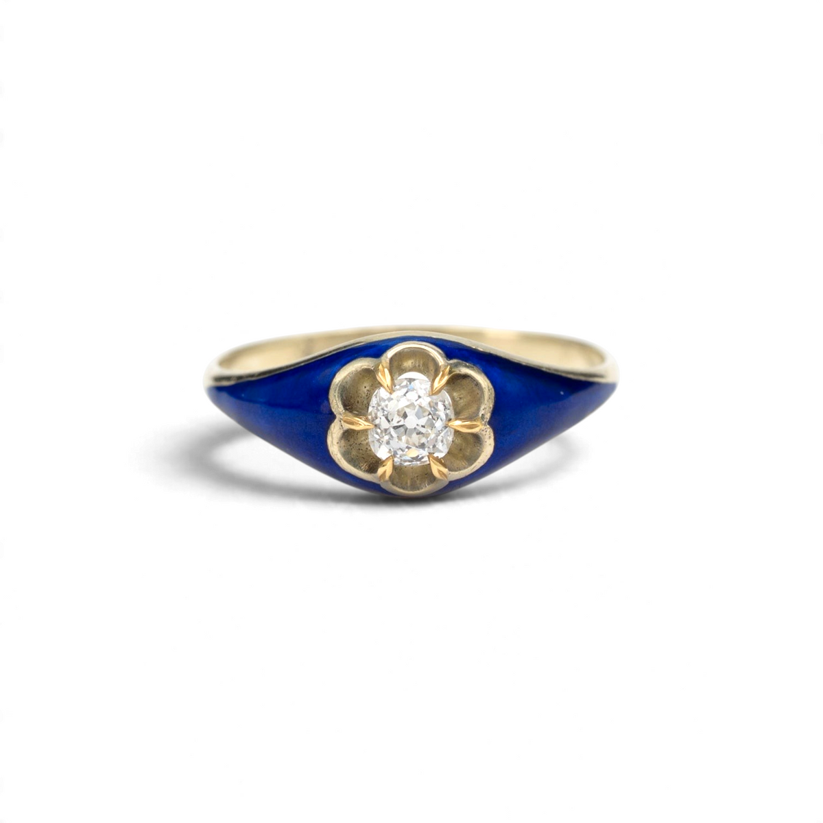 Stórica Studio Forget-Me-Not Victorian ring in 14k yellow gold with royal blue enamel and an old mine cut diamond in a flower setting