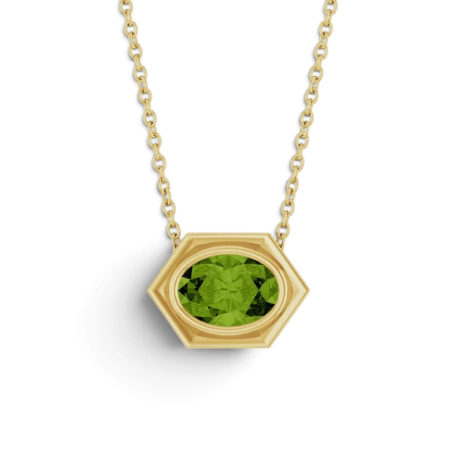 Stórica Studio Tidepool necklace featuring a green peridot oval gemstone in a 14k yellow gold bezel slide setting.