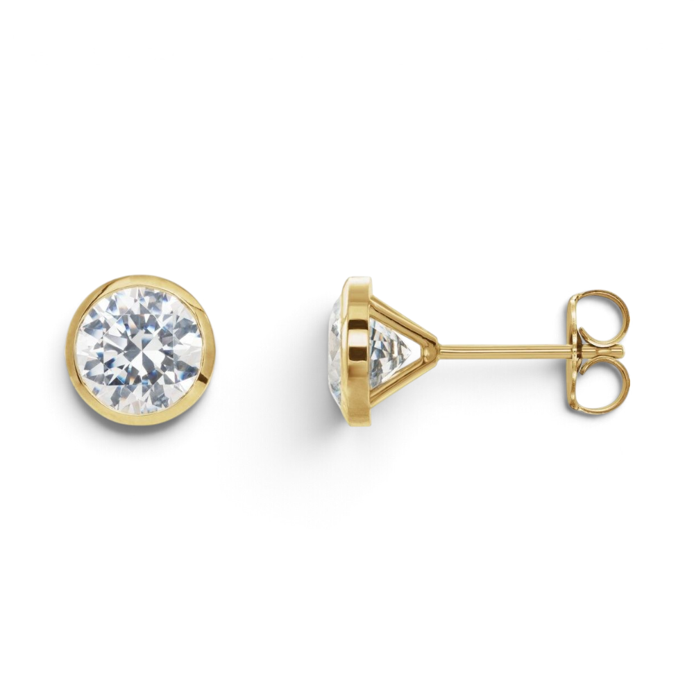 Stórica Studio Eos round lab-grown diamond bezel stud earrings in 14k yellow gold with martini-style settings.