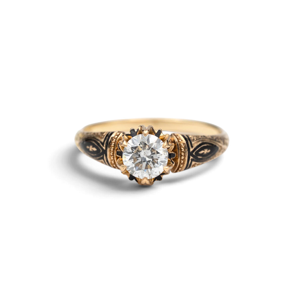 Stórica Studio Hellebore Victorian black enamel ring in 14k yellow gold with a 0.60 ct Old European cut diamond in a scalloped crown setting