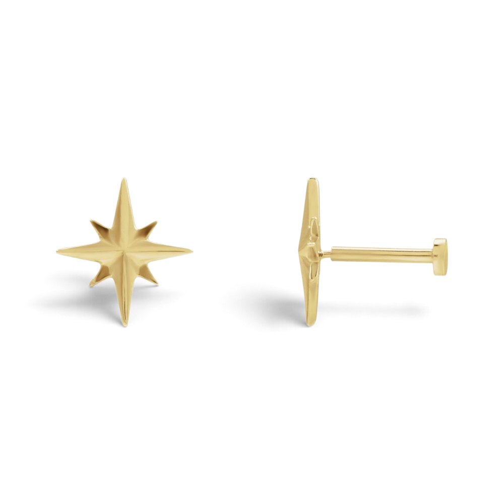 Stórica Studio 14k gold North Star stud earring shown from front and side profile with a comfortable flat back.