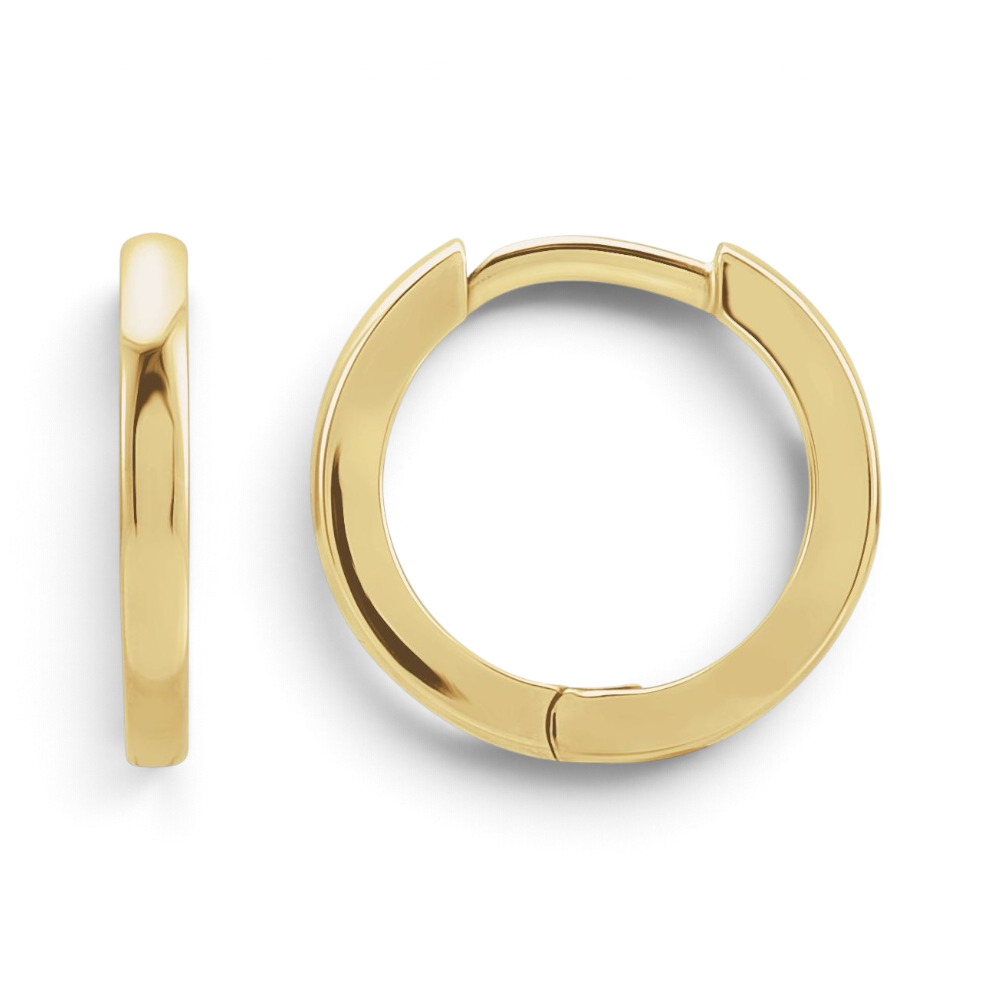 Stórica Studio Cove solid gold huggie hoop earrings with a smooth rounded profile and hinged click closure.