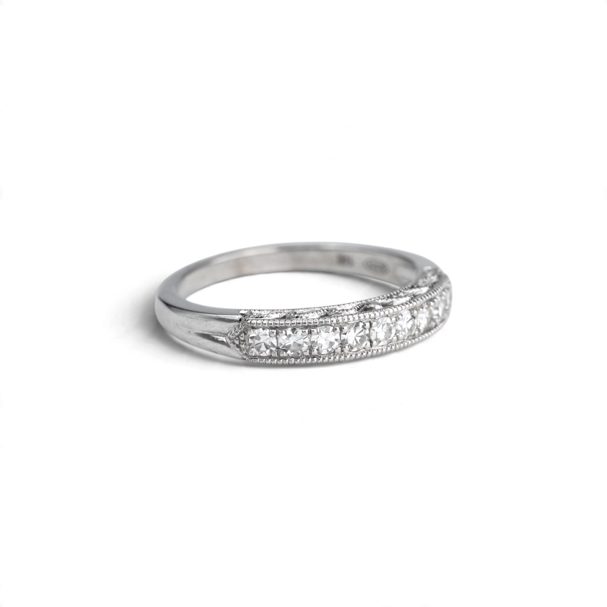 Stórica Studio Jasmine vintage filigree wedding band in 14k white gold, approx. 0.50 ctw diamonds