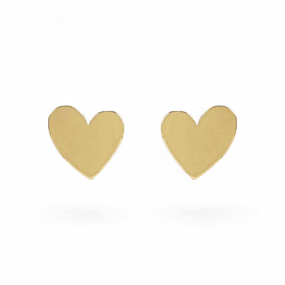 Stórica Studio petite heart stud earrings in solid 14k yellow gold with a smooth, rounded minimalist design.