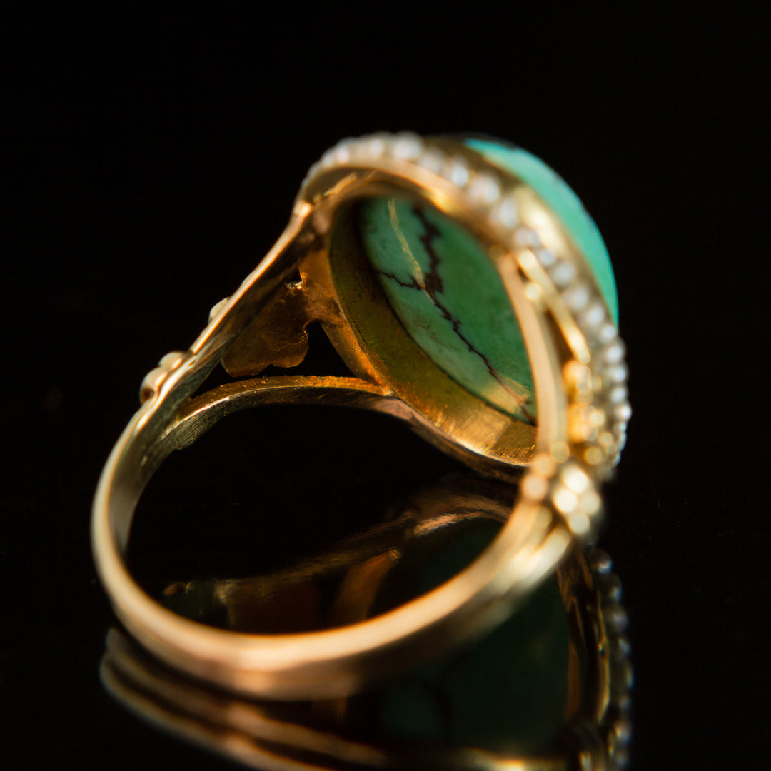 Turquoise Cabochon + Seed Pearl Halo Ring | 14k Gold