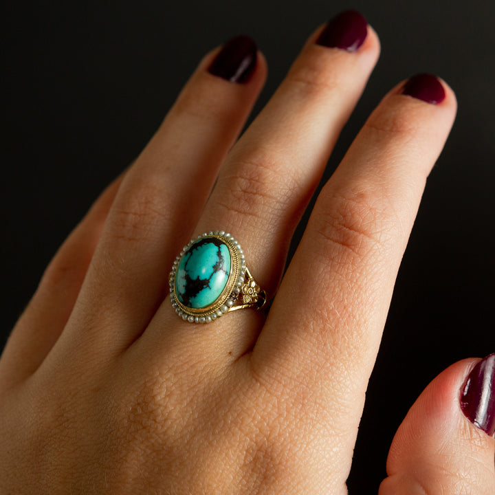 Turquoise Cabochon + Seed Pearl Halo Ring | 14k Gold