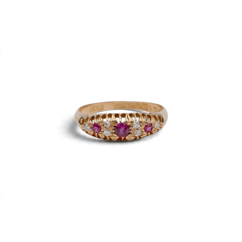 Stórica Studio antique 18k yellow gold half hoop ring featuring ruby and diamond accents, circa 1919.