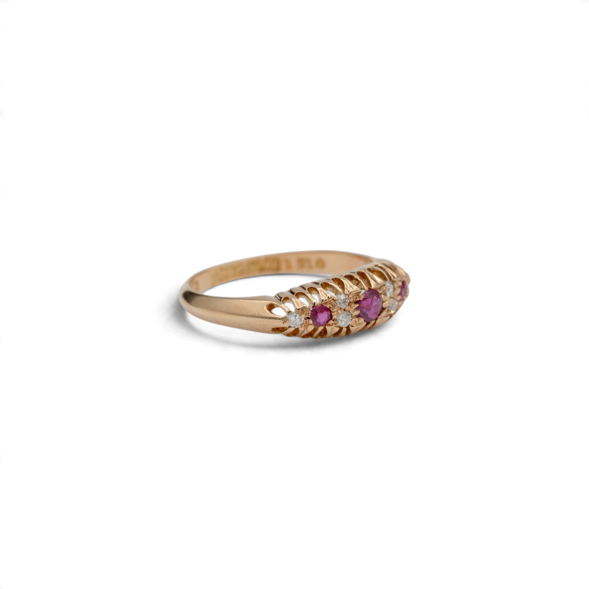 Stórica Studio antique 18k yellow gold half hoop ring featuring ruby and diamond accents, circa 1919.