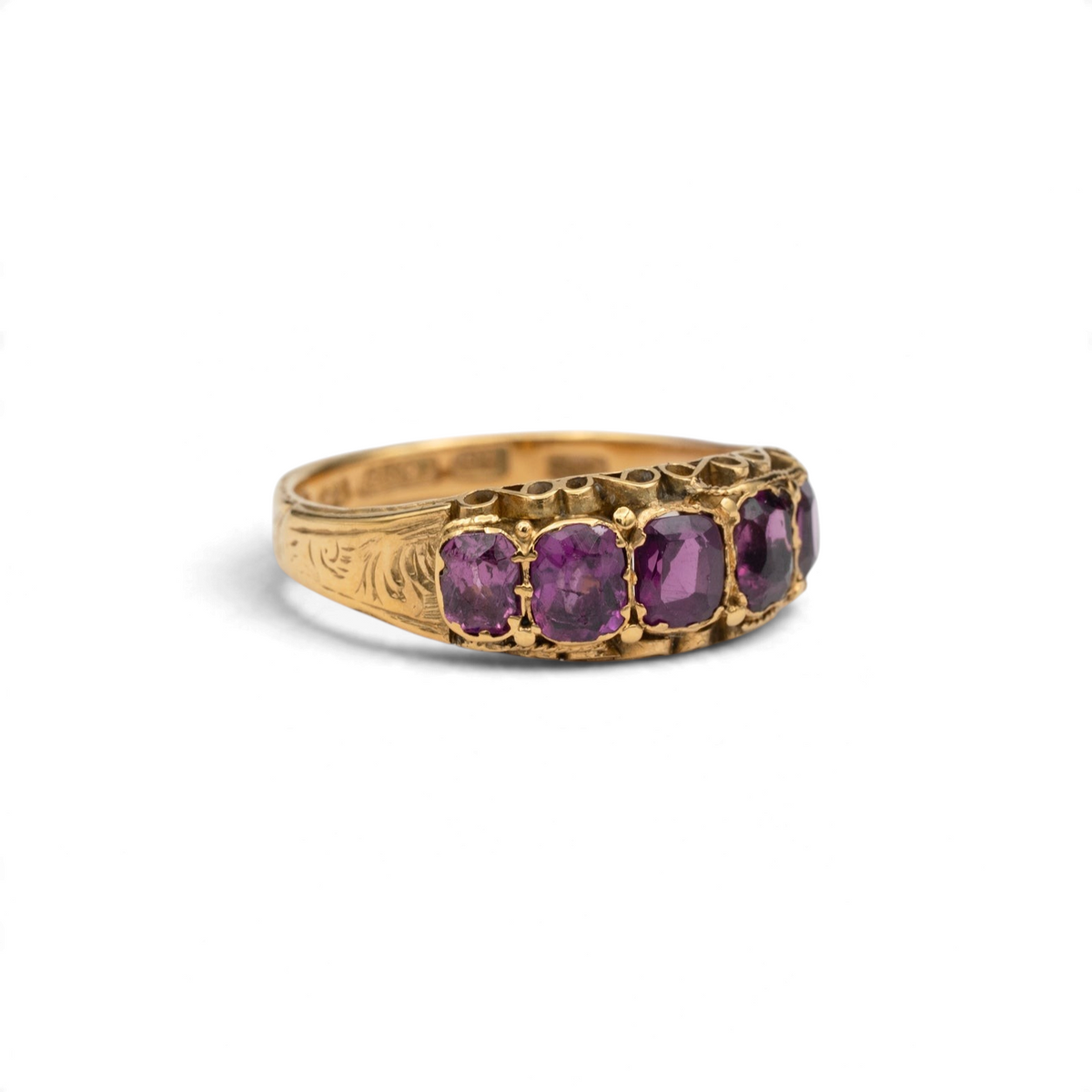 Stórica Studio Damson antique five stone garnet ring in 15k yellow gold with engraved foliate shoulders