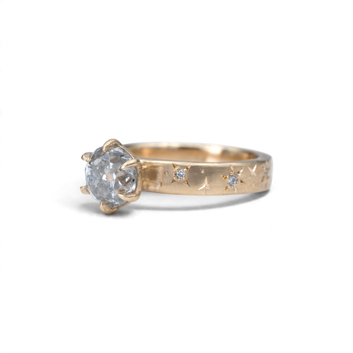 Stórica Studio Celestial Solitaire ring with a salt and pepper old European cut diamond in 14k yellow gold