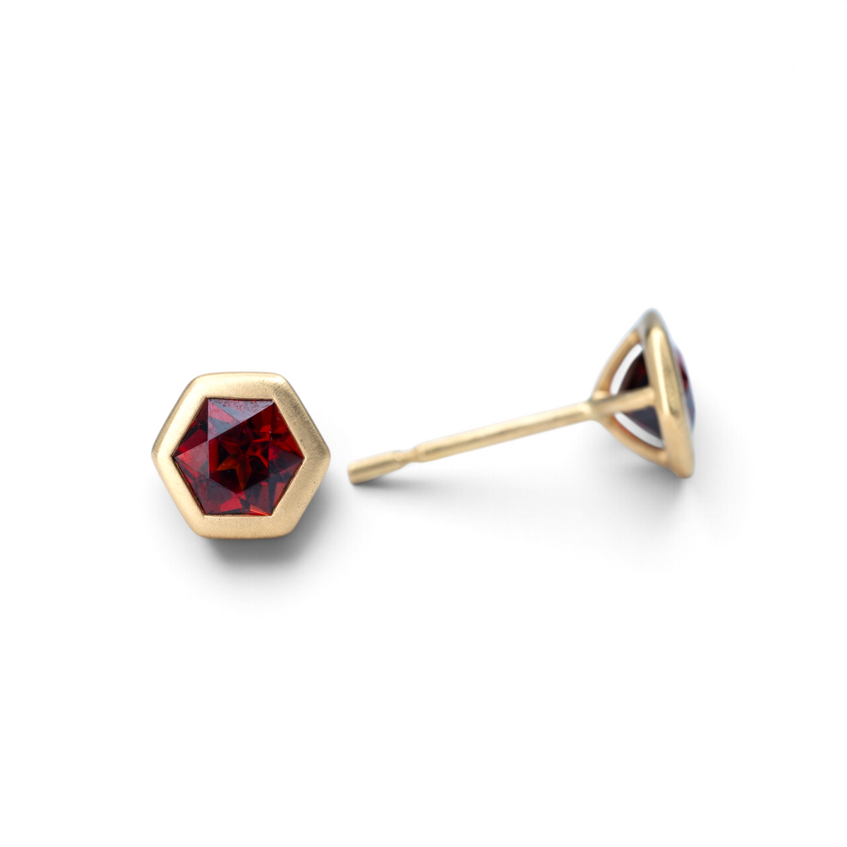 Pomona hexagon garnet stud earrings, 18k yellow gold bezels, alternate view