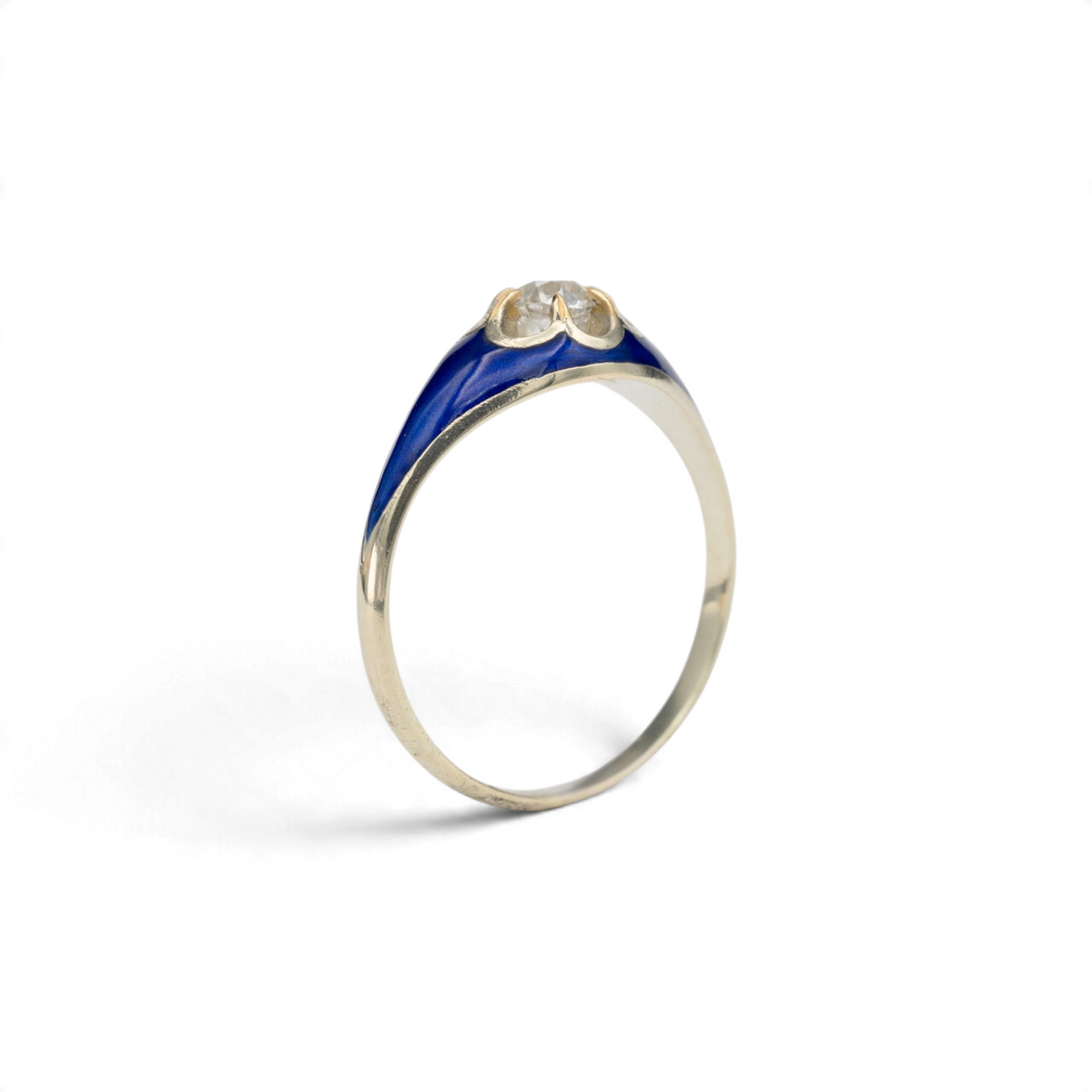 Stórica Studio Forget-Me-Not Victorian blue enamel ring with tapering enamel shoulders and a slim 14k gold band