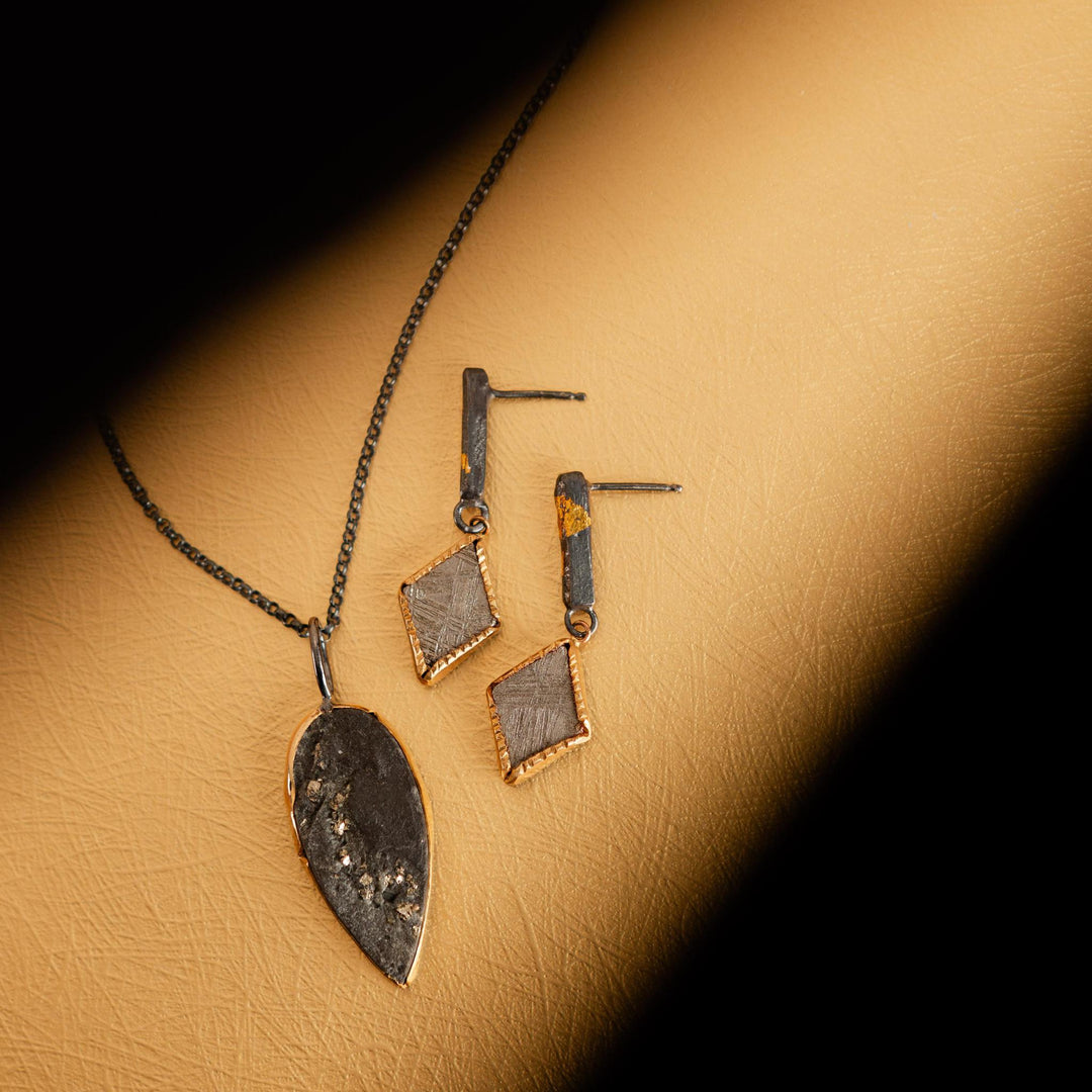One of a Kind Gilded Relic Gemstone Necklace No.2 | Pyrite in Slate | 14k Yellow Gold + Oxidized Sterling Silver
