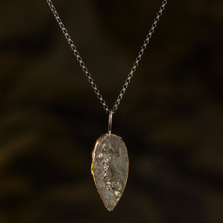 One of a Kind Gilded Relic Gemstone Necklace No.2 | Pyrite in Slate | 14k Yellow Gold + Oxidized Sterling Silver
