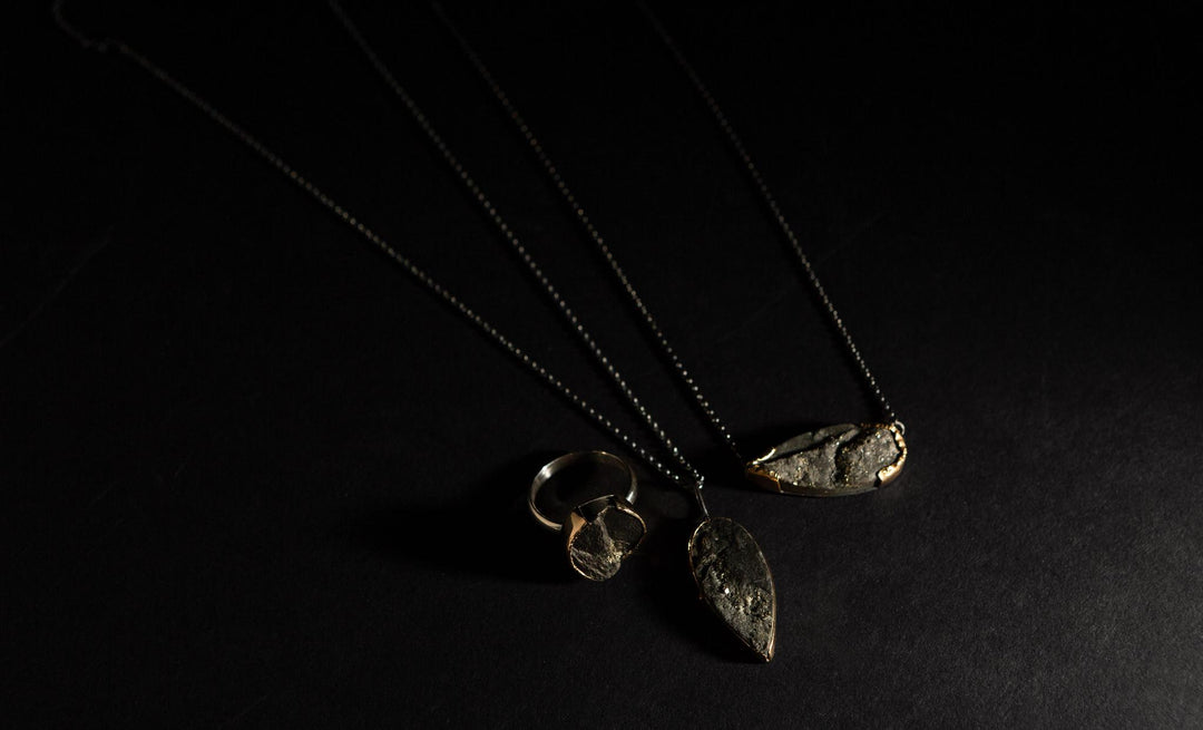 One of a Kind Gilded Relic Gemstone Necklace No.1 | Pyrite in Slate | 14k Yellow Gold + Oxidized Sterling Silver