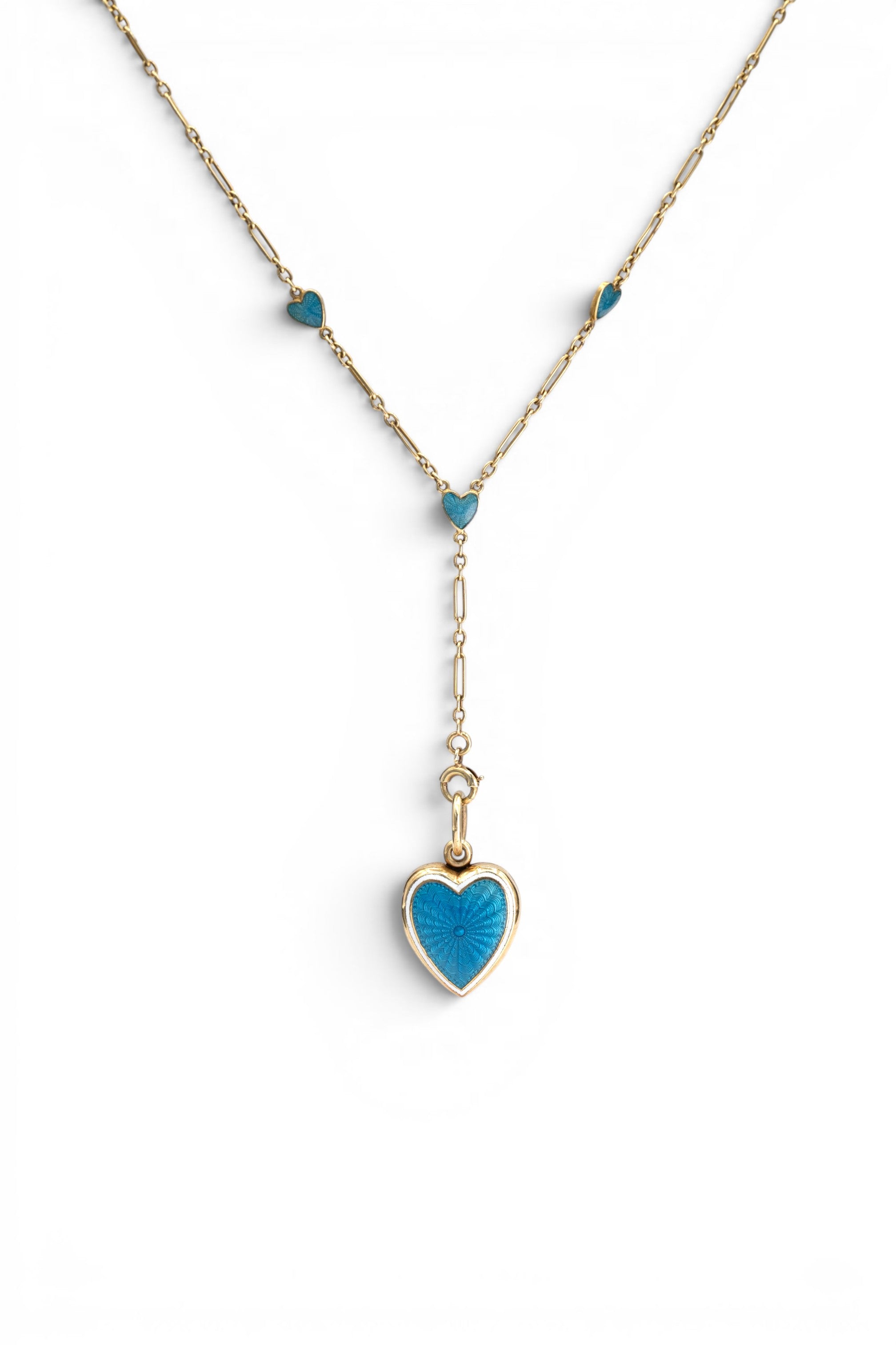 Stórica Studio antique 14K gold heart locket with blue guilloché enamel and matching heart-accented chain