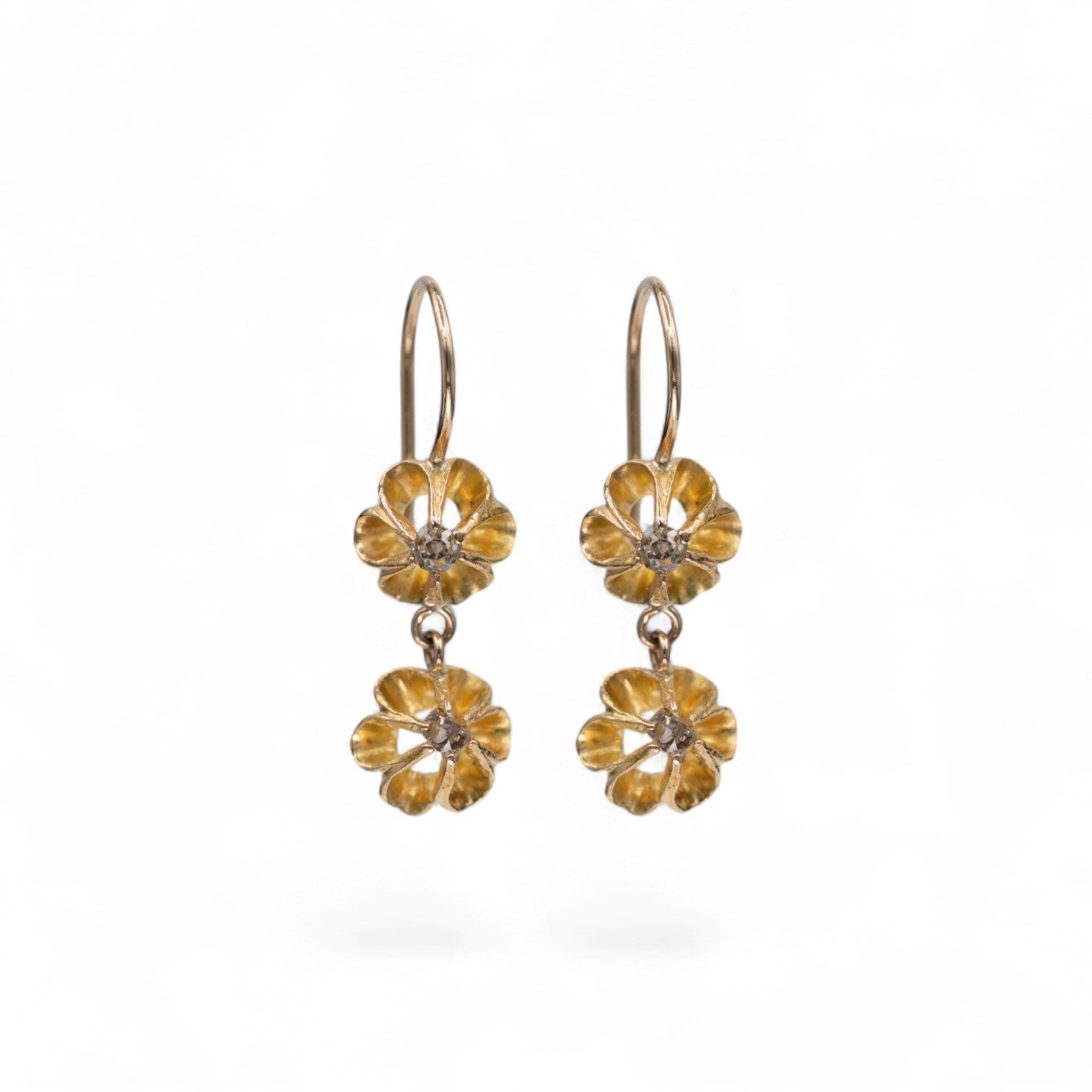 antique 18k yellow gold Buttercup Reverie drop earrings with old mine cut diamonds in Victorian buttercup settings