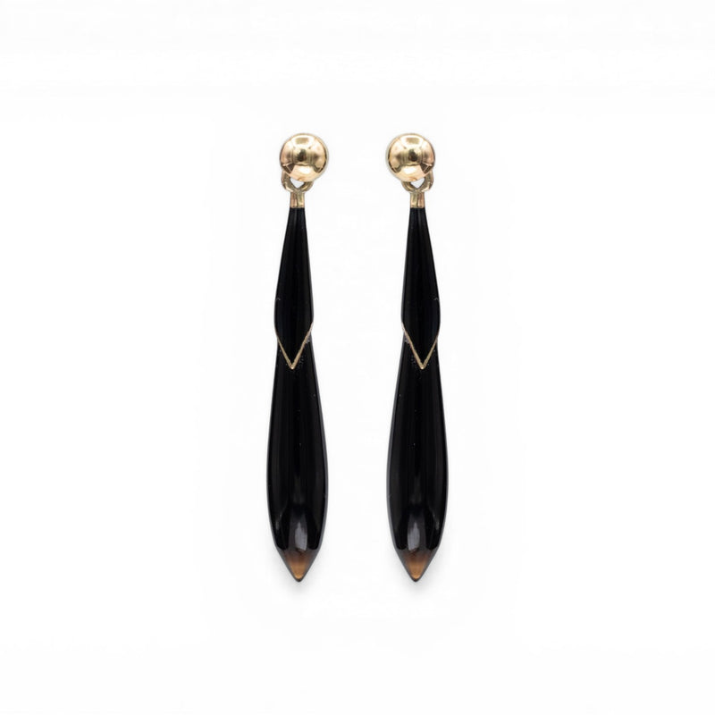 antique Art Deco 14k yellow gold stud earrings with black onyx tapered drops and enamel detail with exposed gold accents