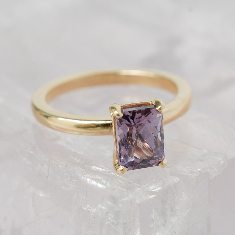 Cypress Ring with radiant cut lavender spinel