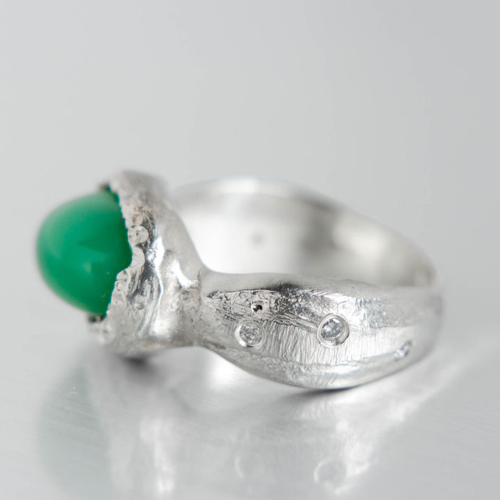 One of a Kind Relic Ring | Chrysoprase in Sterling Silver with Diamonds by Olivia Watts