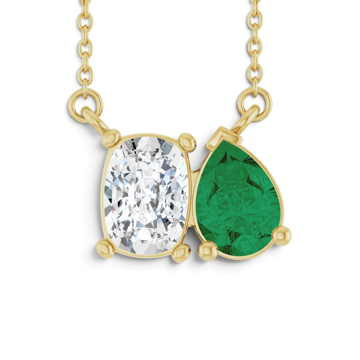Tethys toi et moi necklace with elongated cushion lab-grown diamond and pear emerald in 14k yellow gold