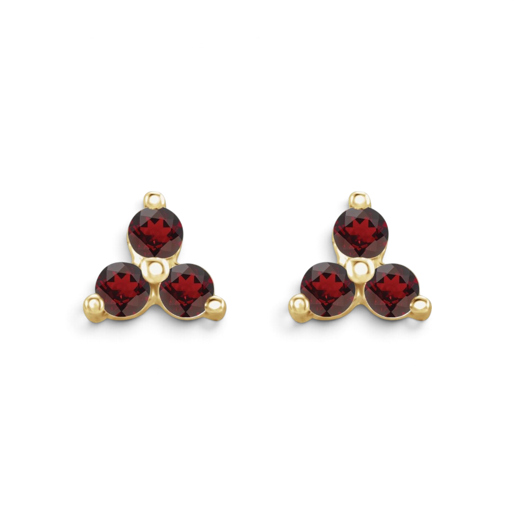 Stórica Studio Anemone stud earrings featuring a three-stone garnet cluster set in polished 14k yellow gold