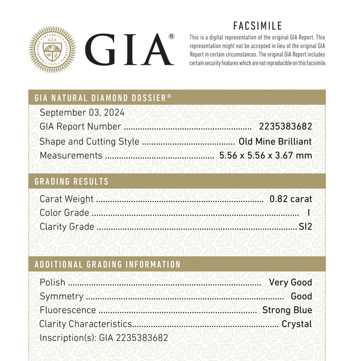 0.82ct 5.56x5.56x3.67mm GIA SI2 I Old Mine Cut 25357-01