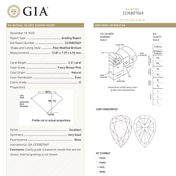 3.31ct 12.81x7.29x4.96mm GIA Fancy Brown-Pink Pear Brilliant 27233-01