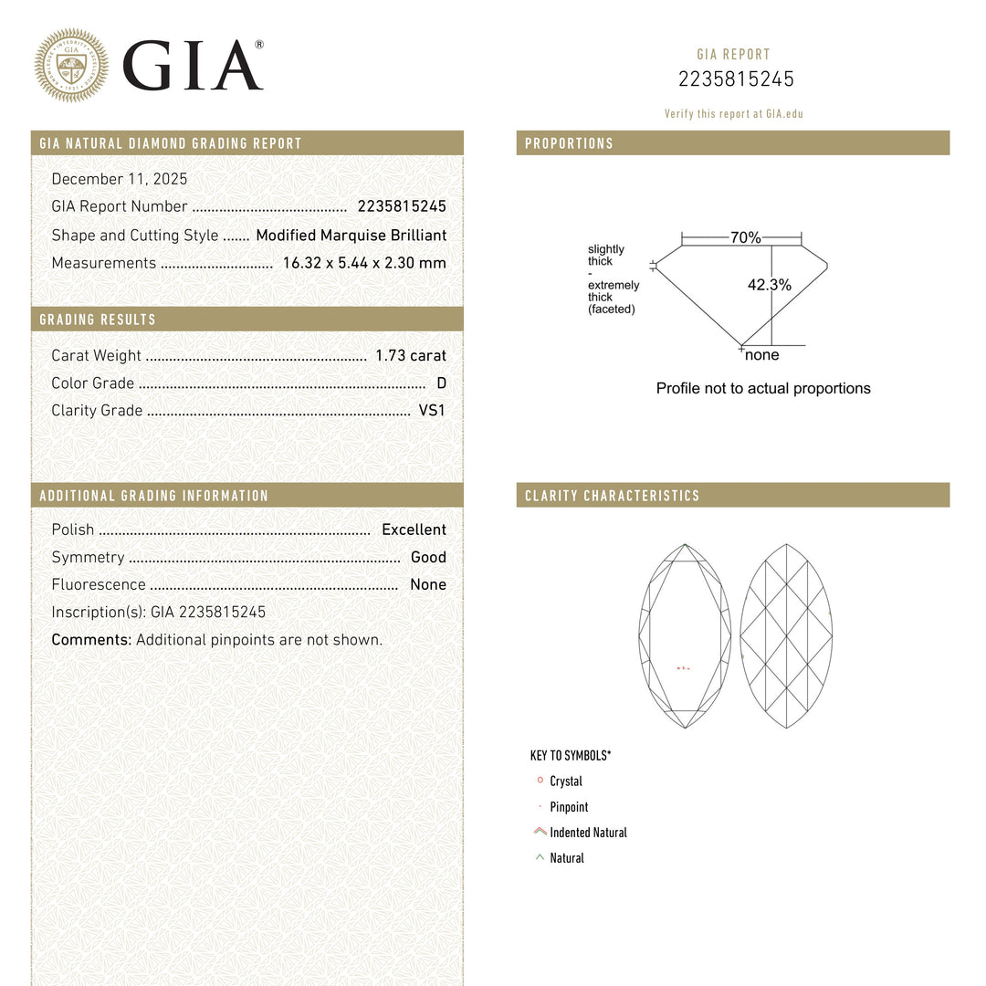 1.73ct 16.30x5.42x2.28mm GIA VS1 D Moval Rosecut 20942-01