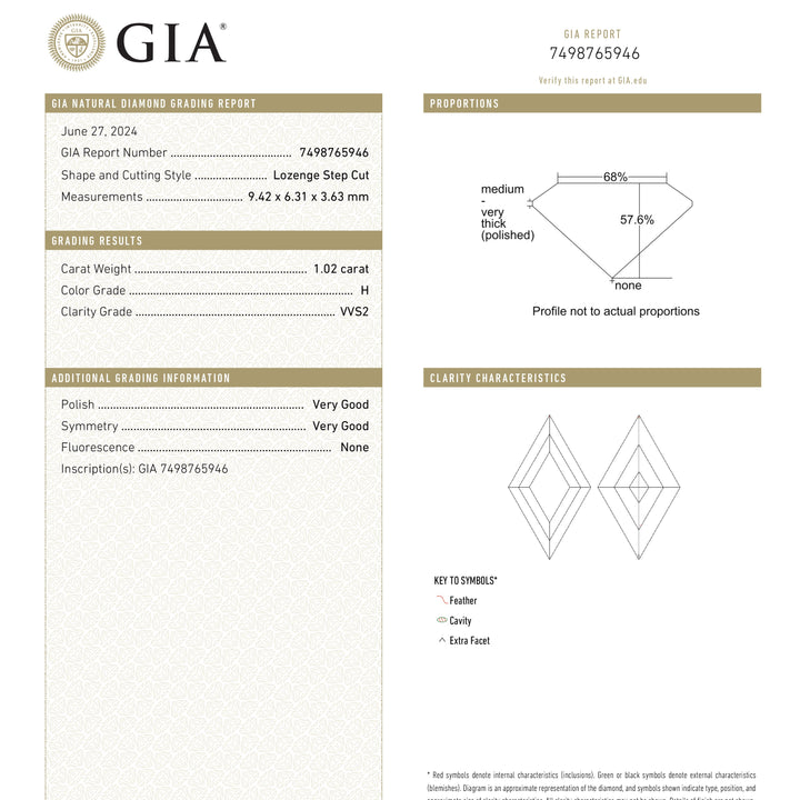 1.02ct 9.42x6.31x3.63mm GIA VVS2 H Lozenge Step Cut 25802-01