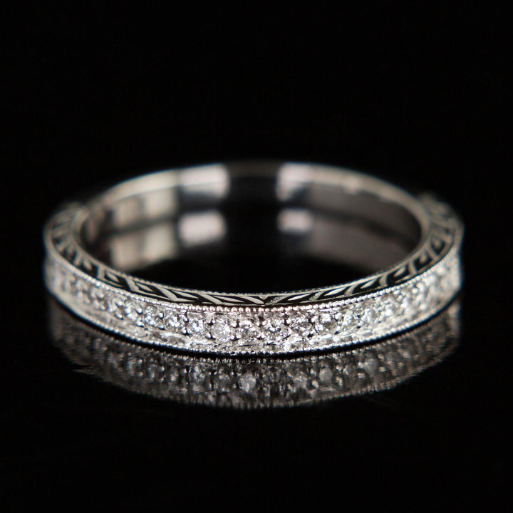 Vintage Diamond Band with Hand Engraving |18k White Gold