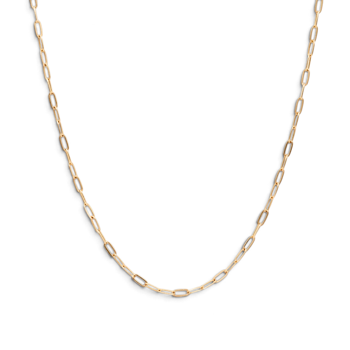Stórica Studio 14k yellow gold paperclip chain necklace with elongated links on a clean white background