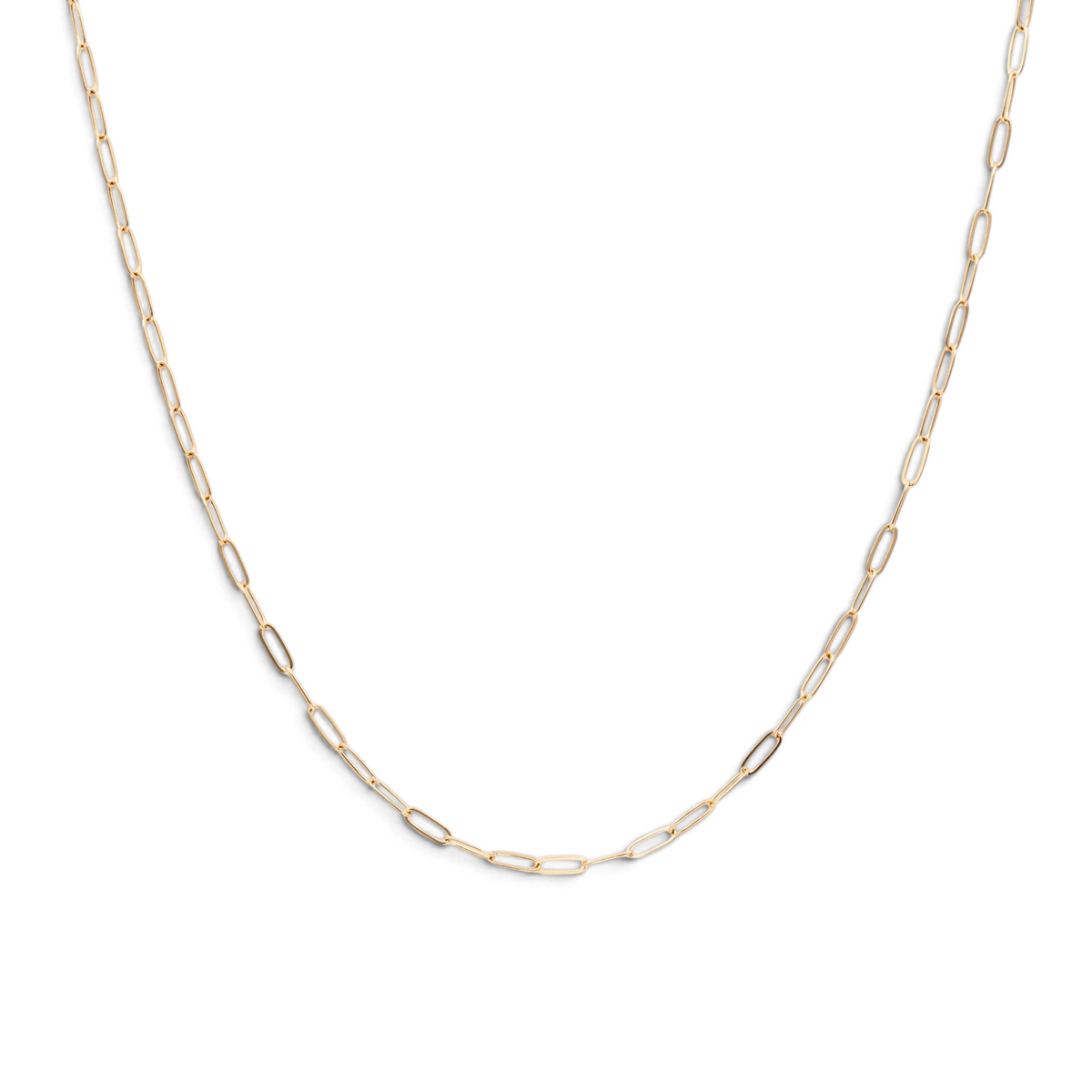 Stórica Studio 14k yellow gold paperclip chain necklace with 2mm elongated links on a white background