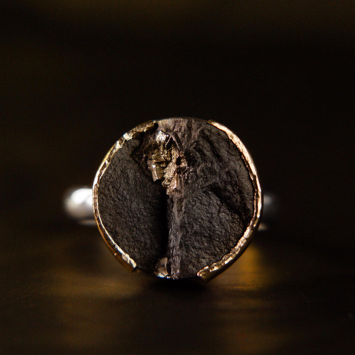 Gilded Relic Gemstone Ring | Pyrite in Slate | 14k Yellow Gold + Sterling Silver