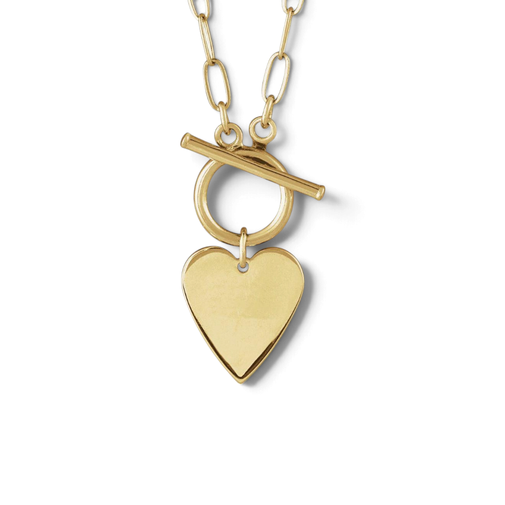 Stórica Studio gold paperclip chain necklace with a toggle clasp and a personalized engravable heart charm.