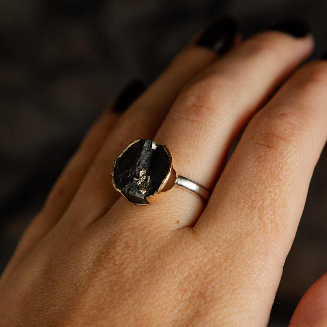 Gilded Relic Gemstone Ring | Pyrite in Slate | 14k Yellow Gold + Sterling Silver