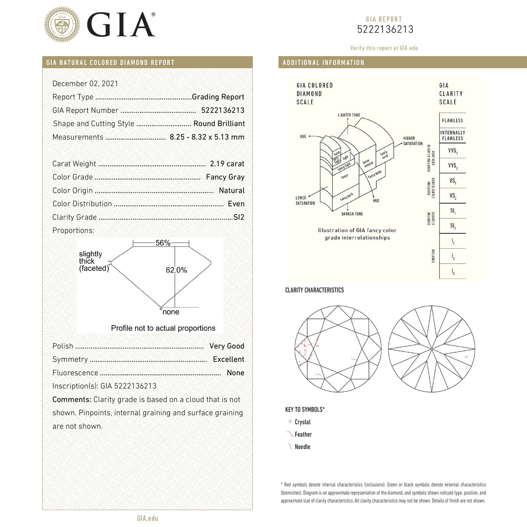 2.19ct 8.32x8.25x5.13mm GIA SI2 Fancy Grey Round Brilliant 19948-01