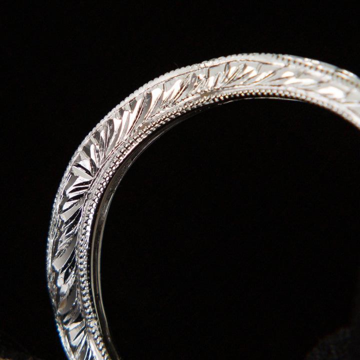 Vintage Diamond Band with Hand Engraving |18k White Gold