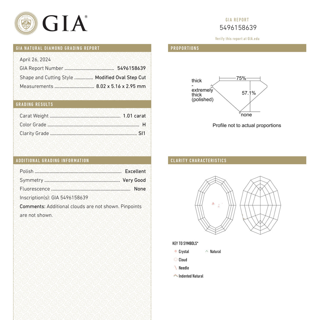 1.01ct 8.02x5.16x2.95mm GIA SI1 H Geo Oval Step Cut 25746-01