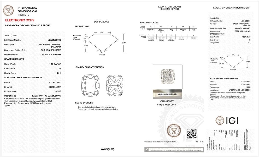 1.50ct Lab Diamond | Cushion | E color | SI1 clarity