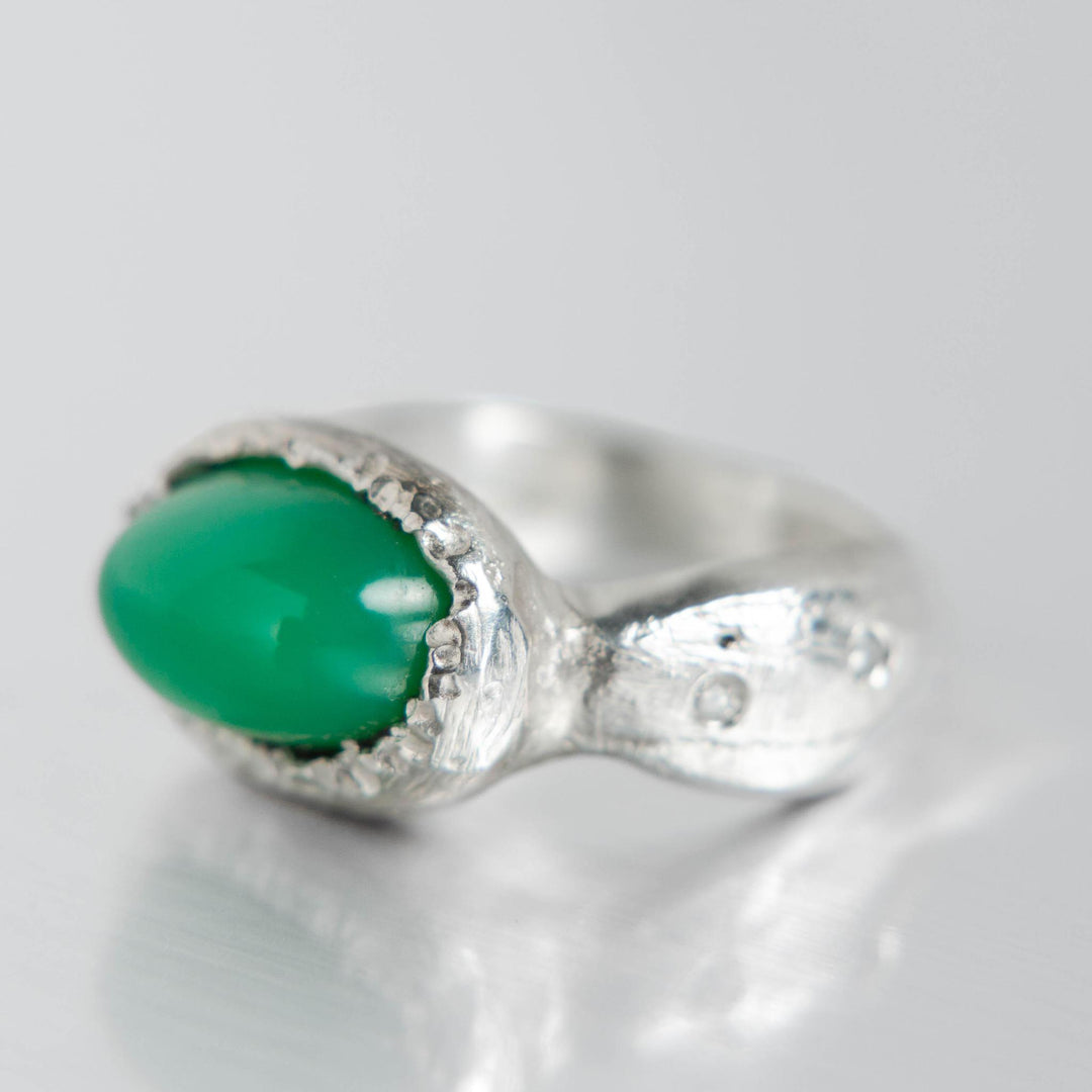 One of a Kind Relic Ring | Chrysoprase in Sterling Silver with Diamonds by Olivia Watts