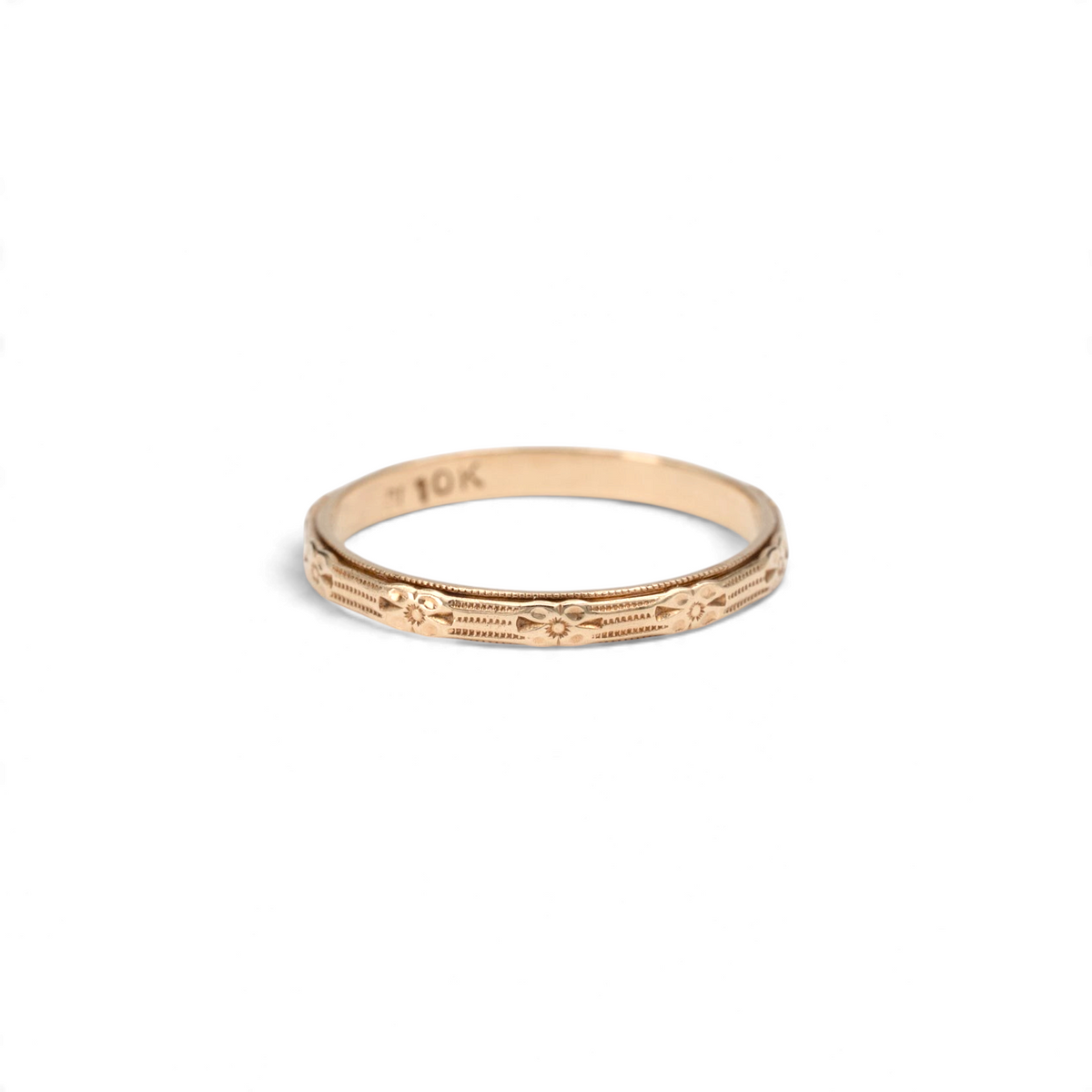 Stórica Studio Neroli vintage orange blossom band in 10k yellow gold with engraved flowers and milgrain edges