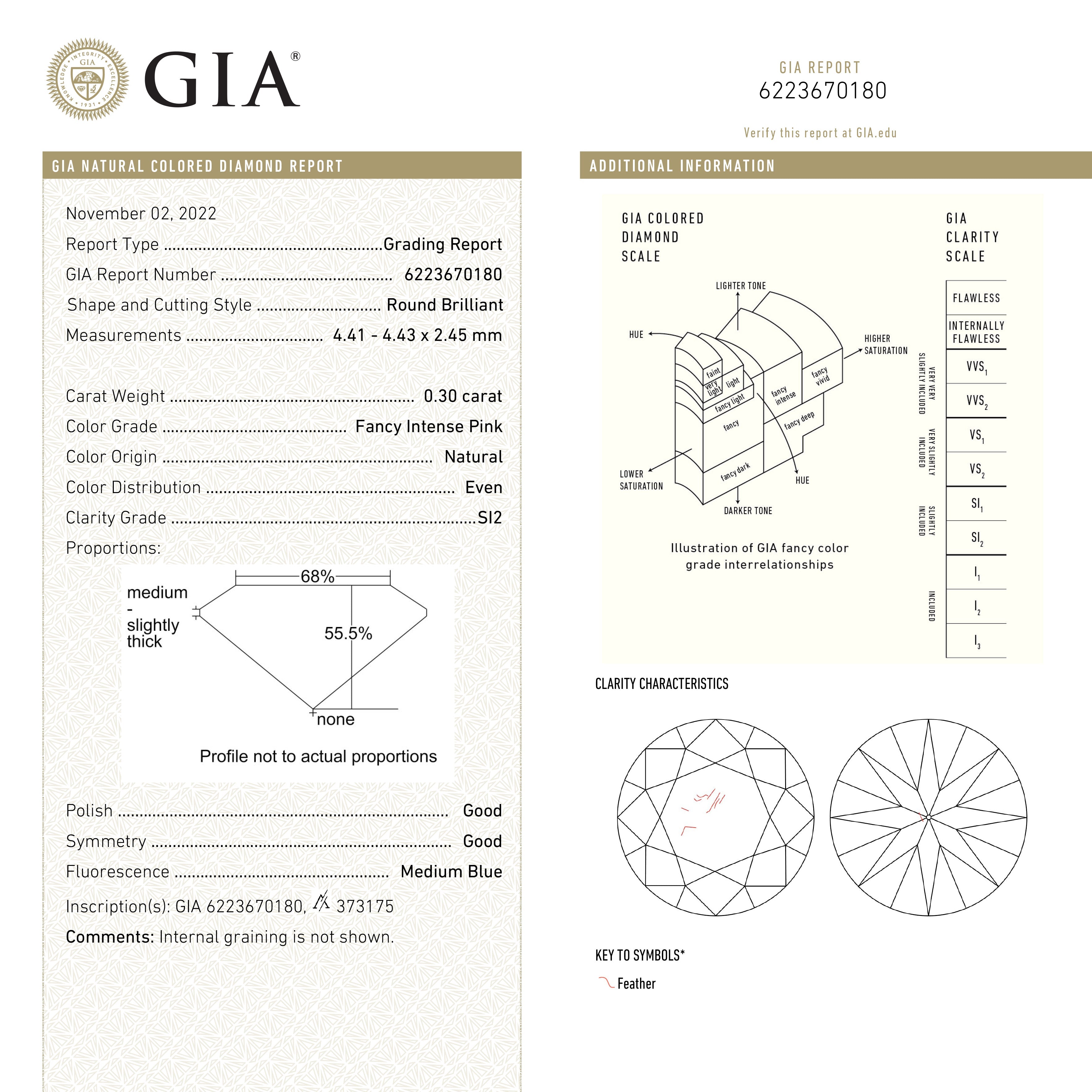 0.30ct 4.43x4.41x2.45mm GIA SI2 Fancy Intense Pink Round Brilliant 24144-01