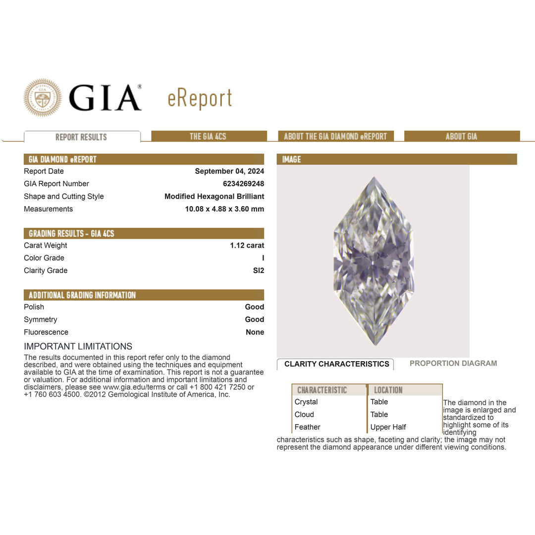 1.12ct 10.08x4.88x3.60mm GIA SI2 I Hexagon Brilliant 25352-01