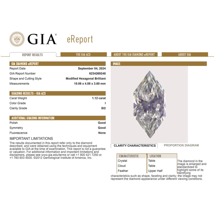 1.12ct 10.08x4.88x3.60mm GIA SI2 I Hexagon Brilliant 25352-01