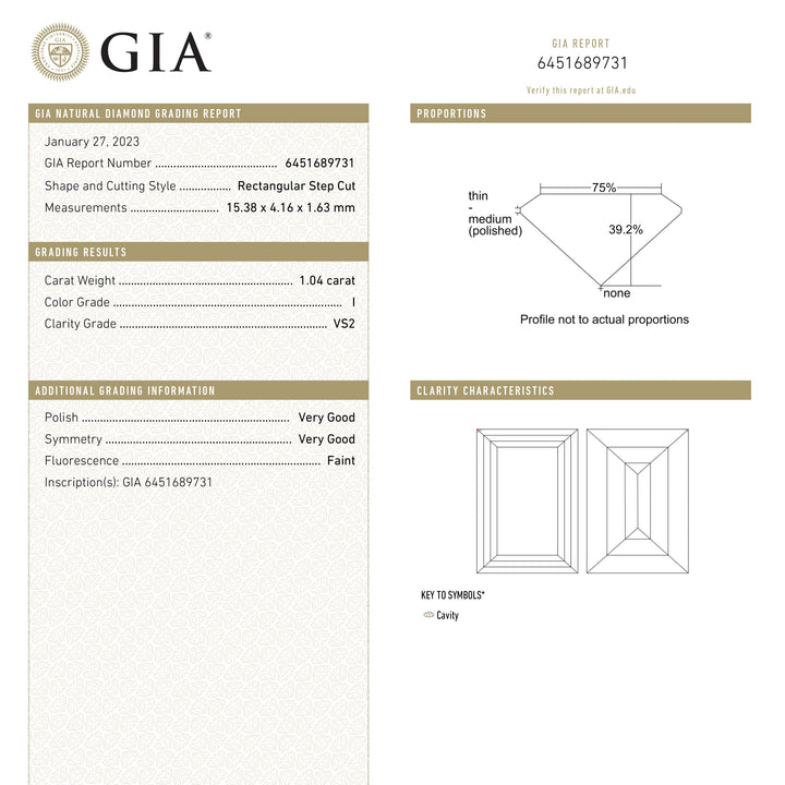 1.04ct 15.35x4.17x1.59mm GIA VS2 I Baguette Step Cut 23037-01