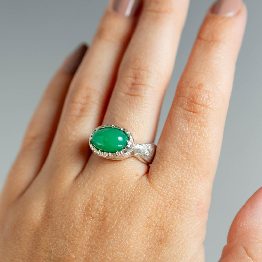 One of a Kind Relic Ring | Chrysoprase in Sterling Silver with Diamonds by Olivia Watts