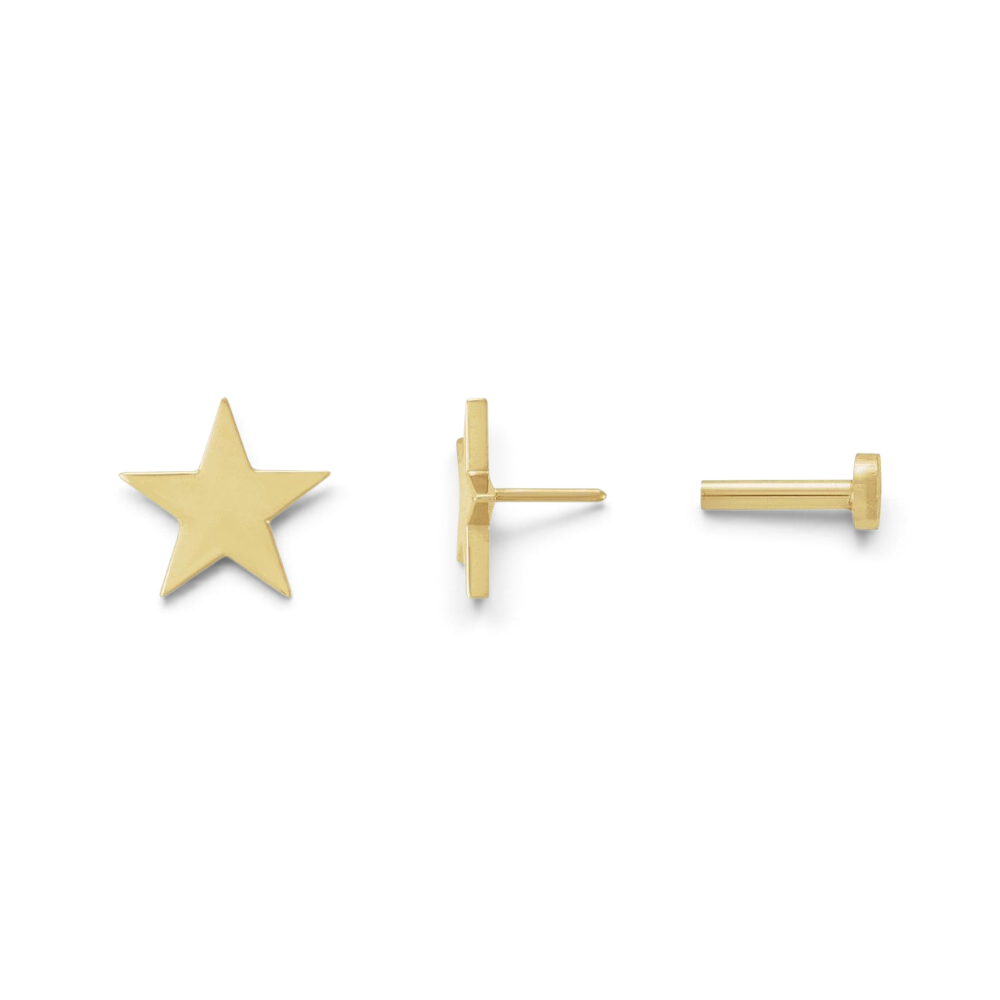 Stórica Studio 14k yellow gold petite star stud earring with a comfortable flat back design shown from three angles.