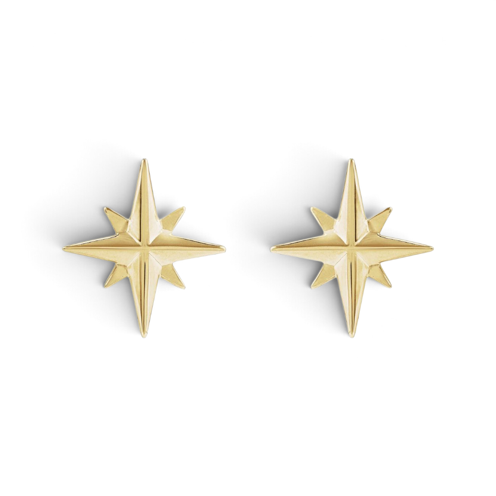 Stórica Studio 14k yellow gold North Star stud earrings with a flat-back design for comfortable daily wear.